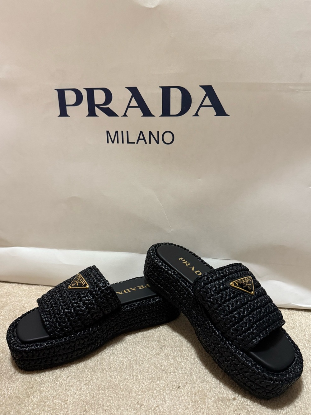 Prada Raffia Platform Slides